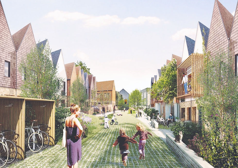 Panoramafoto van een duurzame woonwijk met veel groen en moderne biobased architectuur.