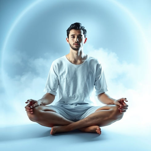 A person sitting cross-legged and surrounded by a pale silver and light blue light.jpg