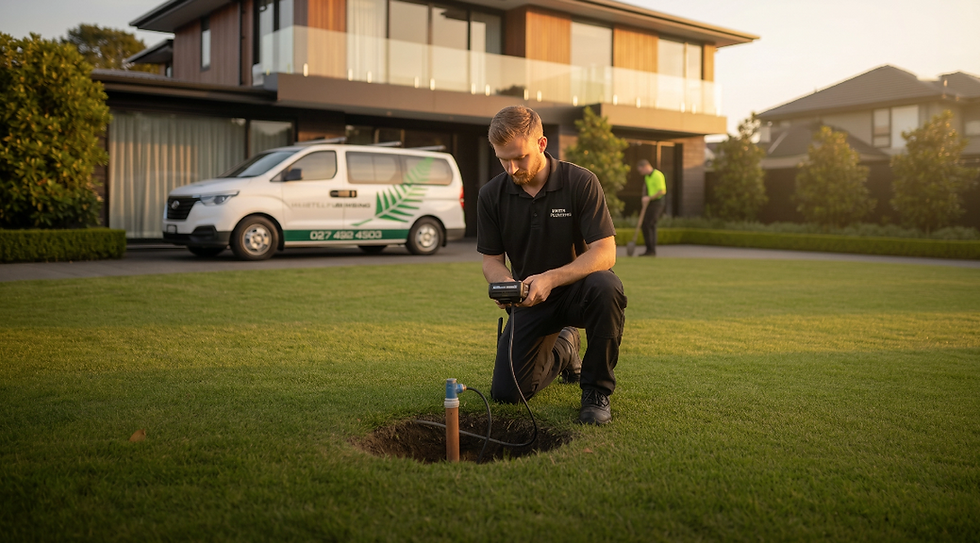 Martin Plumbing LeakTechnician kneels on a suburban lawn testing irrigation near a sprinkler head, with a Martin Plumbing service van and house behind him.