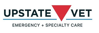 Upstate Vet Emergency + Specialty Care logo. Upstate Vet is in all caps in black. in-between Upstate and Vet is an upside down triangle in the color red. There are lines drawn under Upstate and Vet and in smaller letters in black under the lines there is emergency + specialty care written in smaller all caps. 