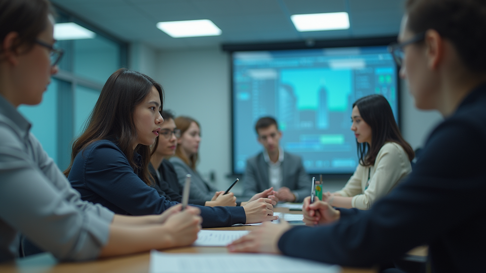 Eye-level view of a modern classroom with students engaged in AI learning