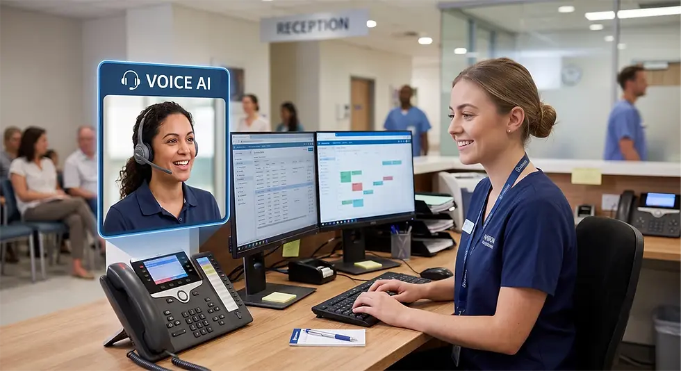 Smiling front-desk staff member on the phone with a patient, medical office computer and desk phone in view, AI medical receptionist