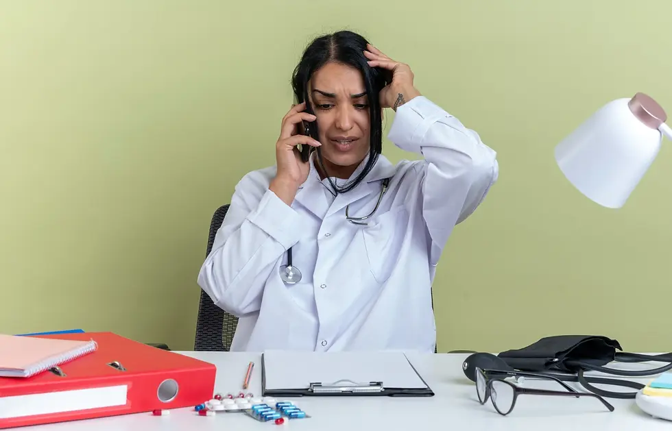 Frustrated female doctor in a white coat and stethoscope holding her head while on a phone call at her desk, surrounded by medical folders, medication, and a stethoscope, costs of missed patient calls.