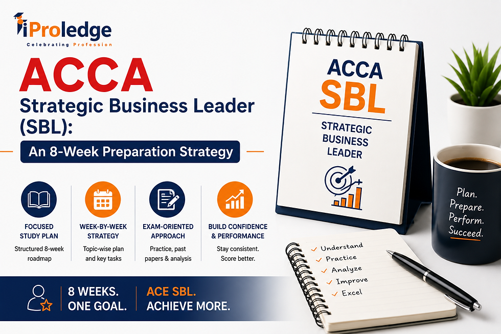 ACCA Strategic Business Leader (SBL) exam preparation infographic by iProledge featuring an 8-week study strategy, strategic planning concepts, leadership development, exam preparation tools, and business performance visuals in a clean professional design.