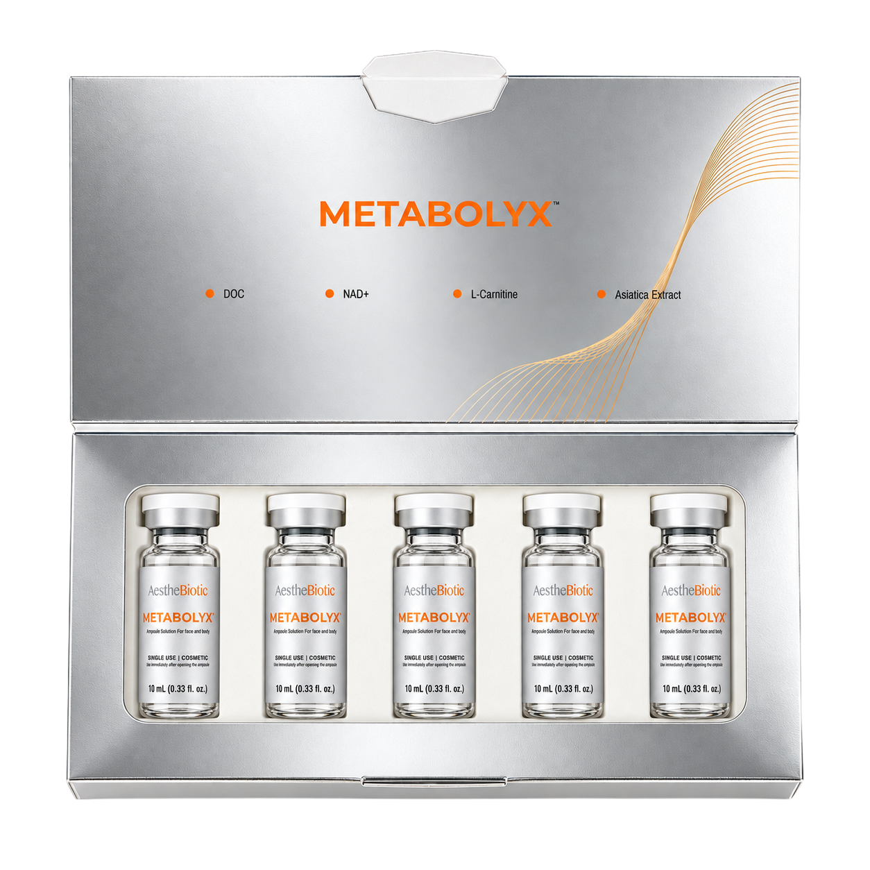 Metabolyx product presentation box with five 10 mL vials by AestheBiotic