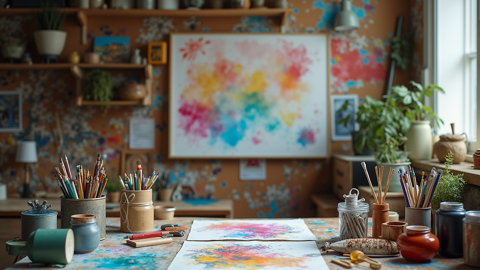 Wide angle view of a colorful art studio filled with various supplies