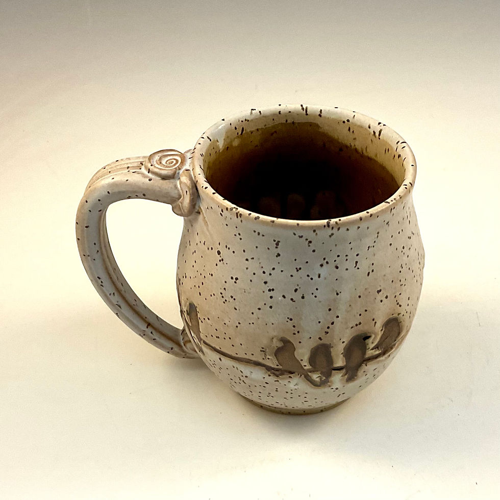 Thumbnail: Birds on a wire in creamy matte white handmade stoneware pottery mug 