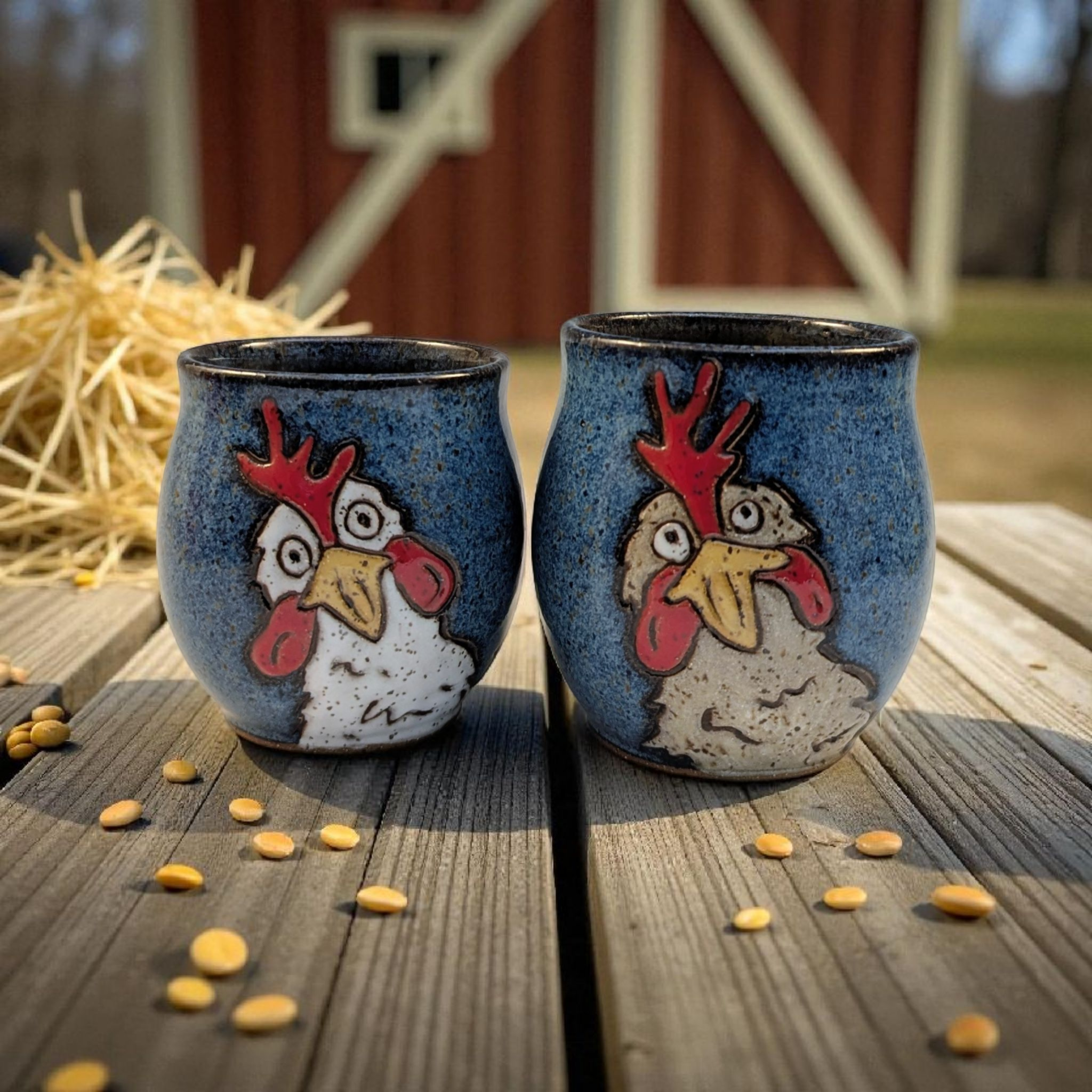 Pair of chicken stoneware pottery wine cups
