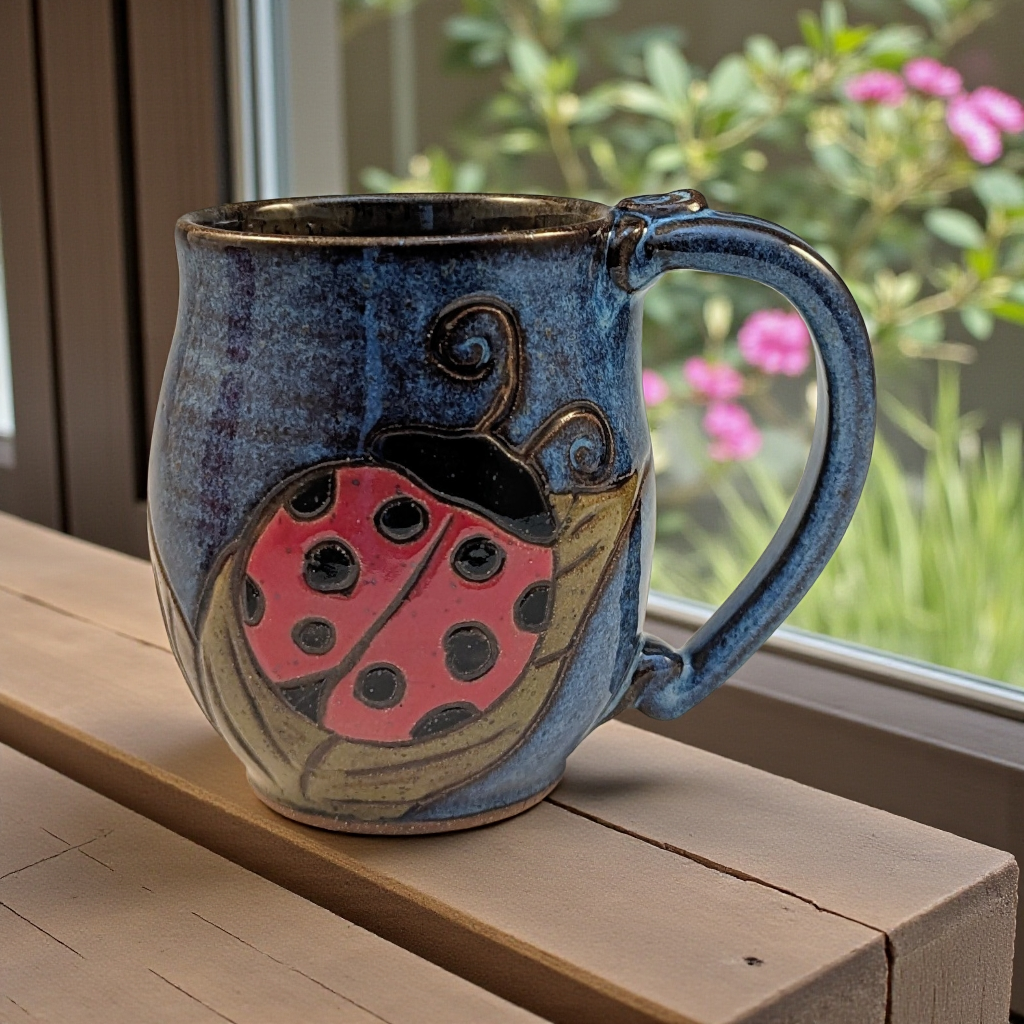 Lady bug stoneware pottery mug