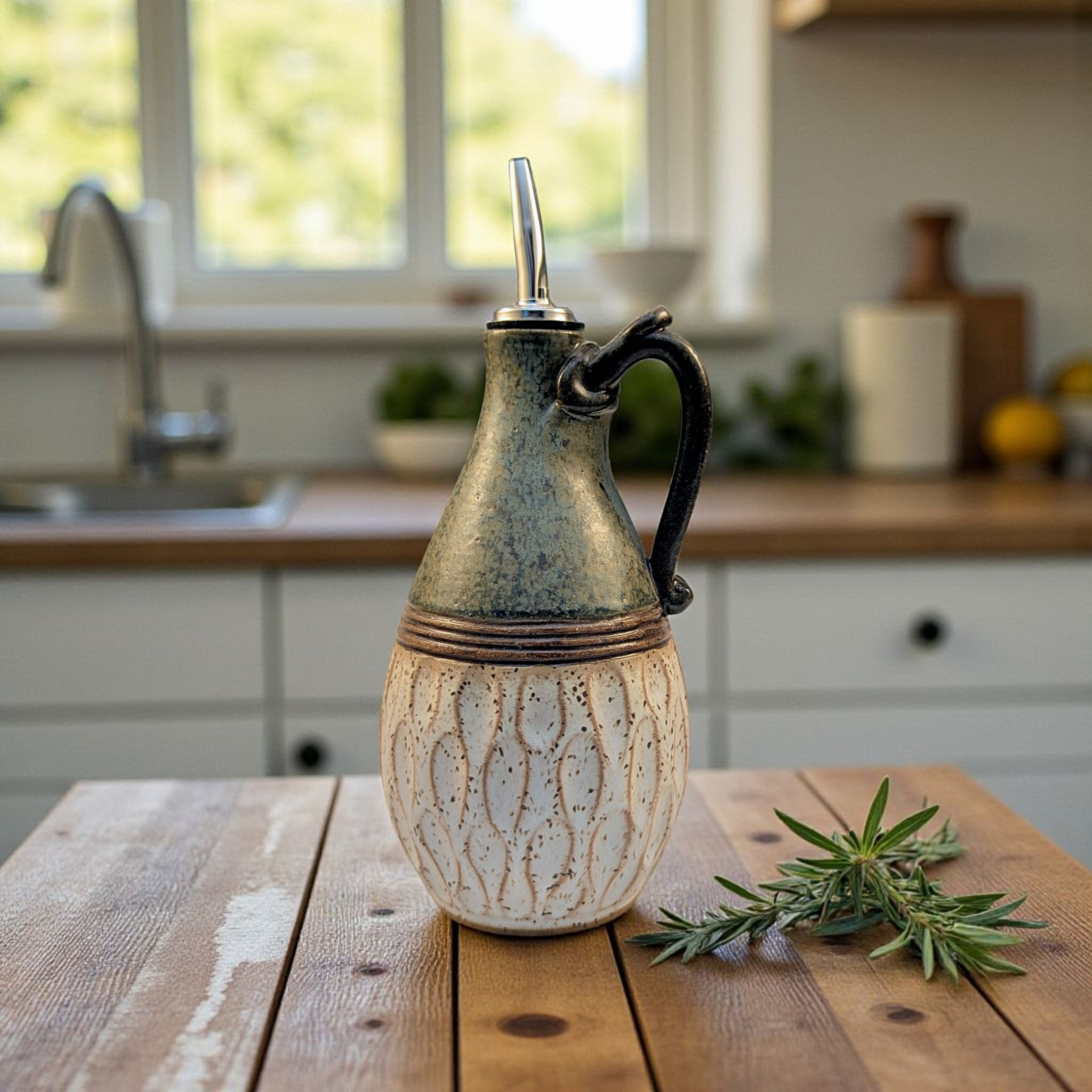 Creamy matte and green stoneware oil bottle