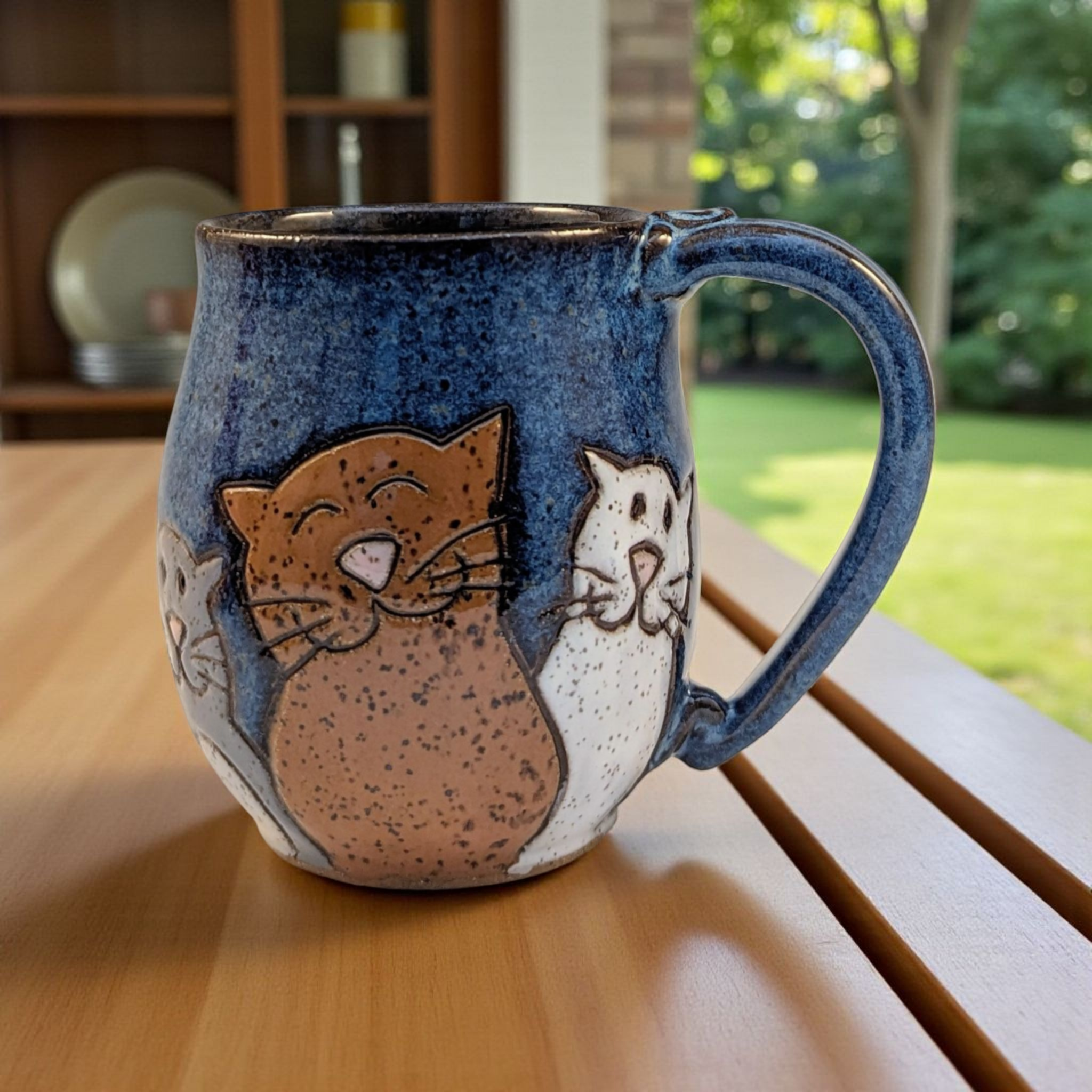 Cat trio stoneware pottery mug in blue