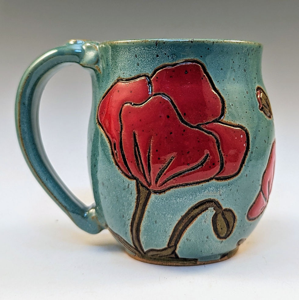 Thumbnail: Poppy flower handmade stoneware pottery mug in nutty green