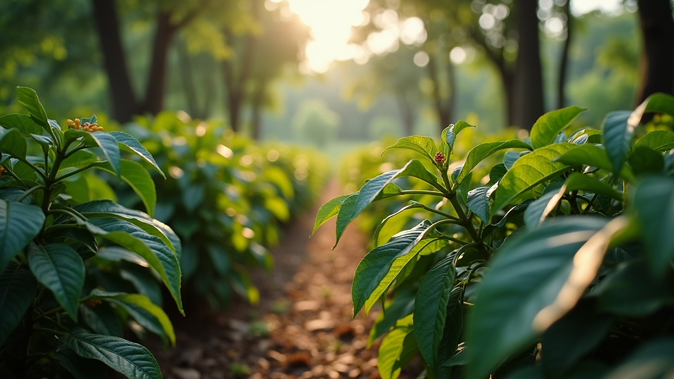 Close-up view of coffee plants growing under shade trees