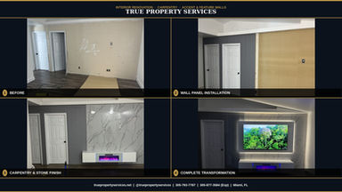 Before and after interior renovation by True Property Services in Miami — fluted accent wall panels, marble stone feature wall, built-in electric fireplace console, and LED lighting transformation