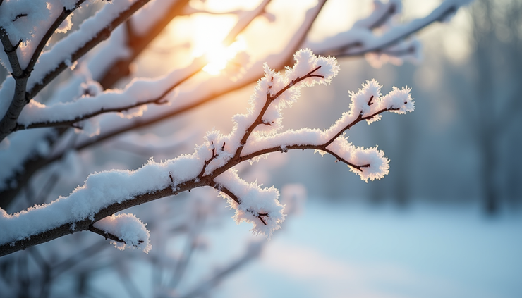 Eye-level view of snow-covered branches with soft morning light