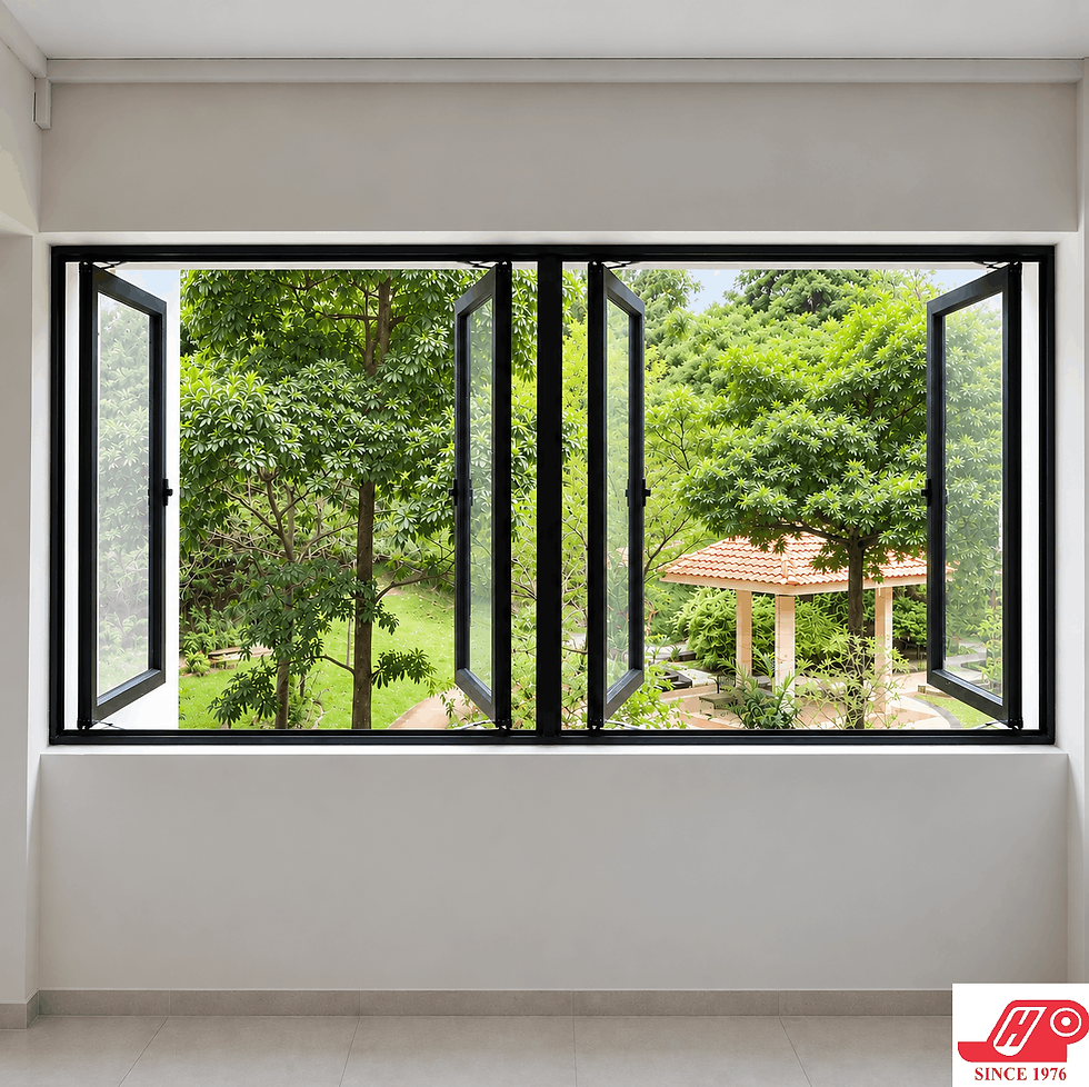 Black aluminium HDB casement window with four open panels