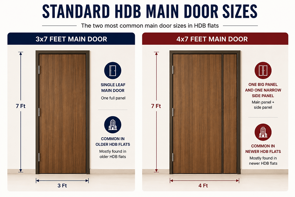 HDB main door size in singapore, single panel is 3 by 7 feet, one small one big panel is 4 by 7 feet