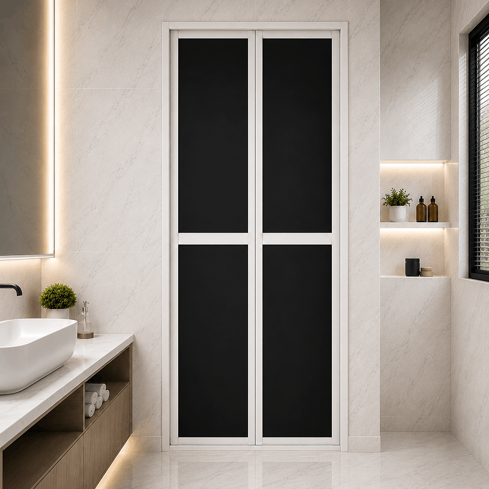 White frame black panel bifold toilet door in modern Singapore bathroom with marble wall tiles and space-saving waterproof de
