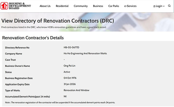 Ho Ho Engineering & Renovation Works listed in HDB Directory of Renovation Contractors Singapore, licensed for renovation and window works since 1976