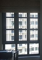 Vertical slim window grill for cat installed in Singapore apartment, mild steel slim bar design with narrow gaps for pet safety and modern style