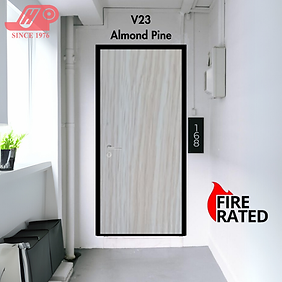Fire rated door Singapore – V23 Almond Pine HDB fire rated main door by Ho Ho, featuring a light woodgrain finish and certified fire protection for residential safety