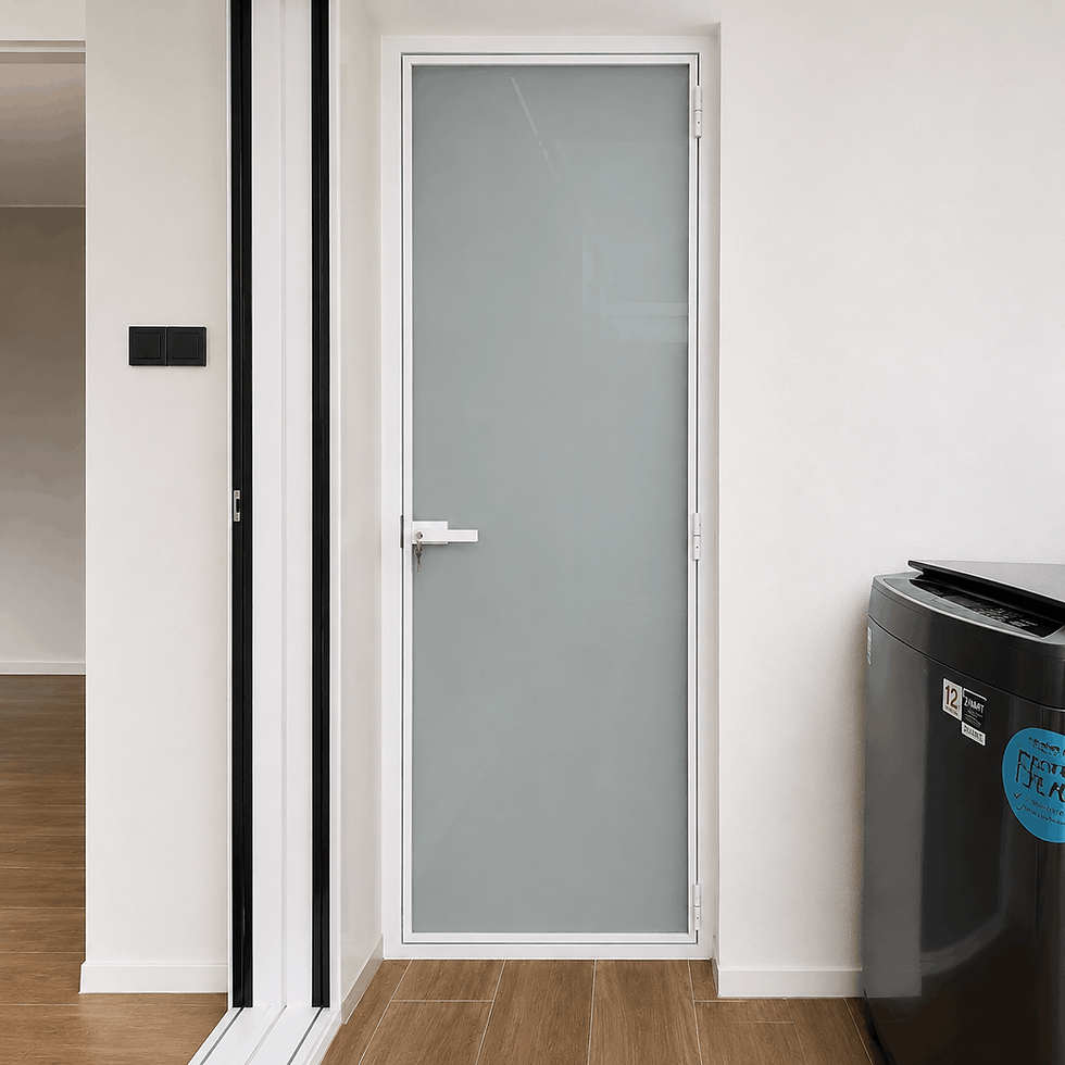 Ultra slim swing door with frosted tempered glass and white aluminium frame installed in modern Singapore home interior