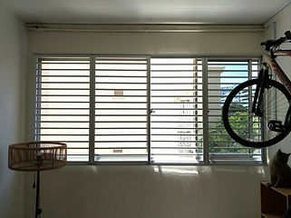 Aluminium cat proof window grill installed in Singapore HDB pet room, narrow 2-inch gap design for cat safety and ventilation