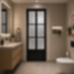 Black Supreme slide and swing toilet door with texture acrylic panels in modern Singapore bathroom design