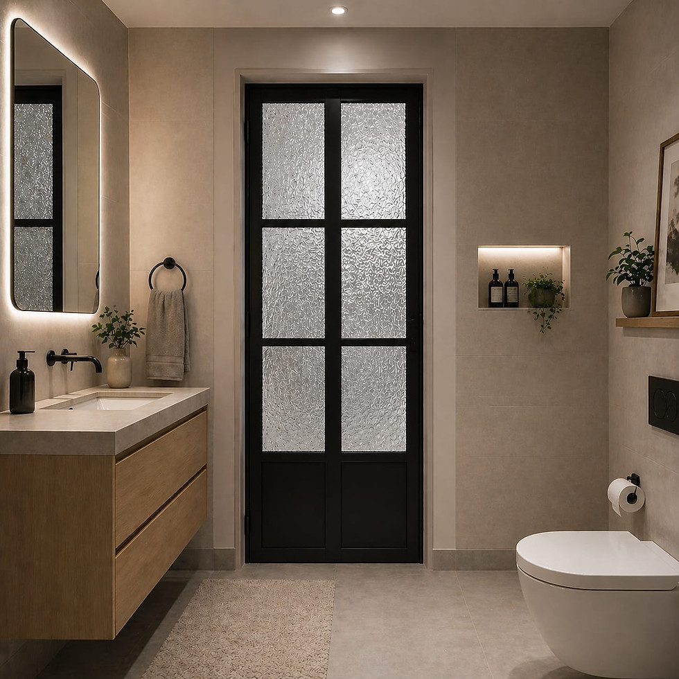 Black Supreme slide and swing toilet door with texture acrylic panels in modern Singapore bathroom design