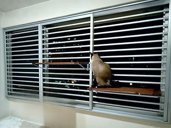 Window grill for cat in Singapore HDB flat, aluminium sliding cat proof grille with 2-inch gaps and wooden perch for safe indoor cat viewing