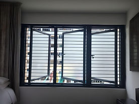 Mild steel slim grille cat friendly grille 2 inch gap installed in Singapore HDB flat bedroom black 3 panel