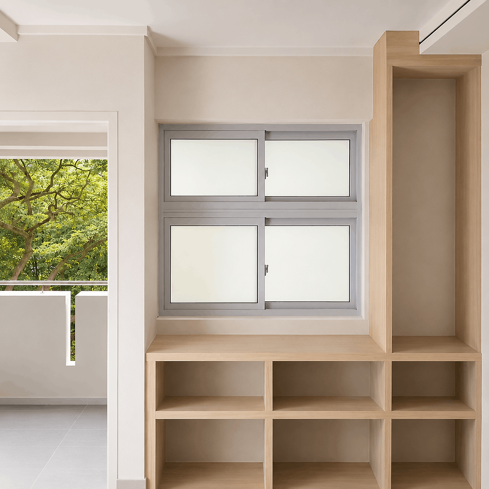 Double section sliding window Singapore – upper and lower aluminium sliding panels for HDB living room facing common corridor