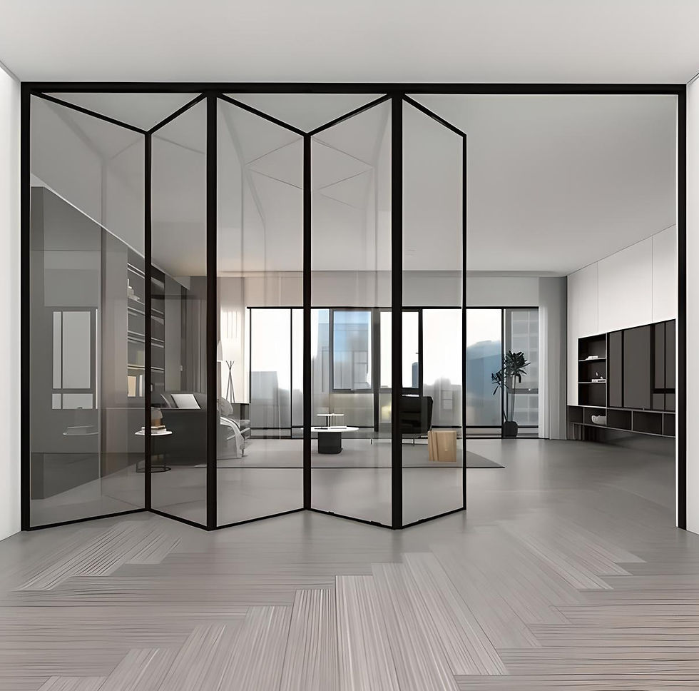 Ultra slim folding door with black aluminium frame and clear tempered glass, installed as a sleek partition in a modern living room to maximize space and light flow