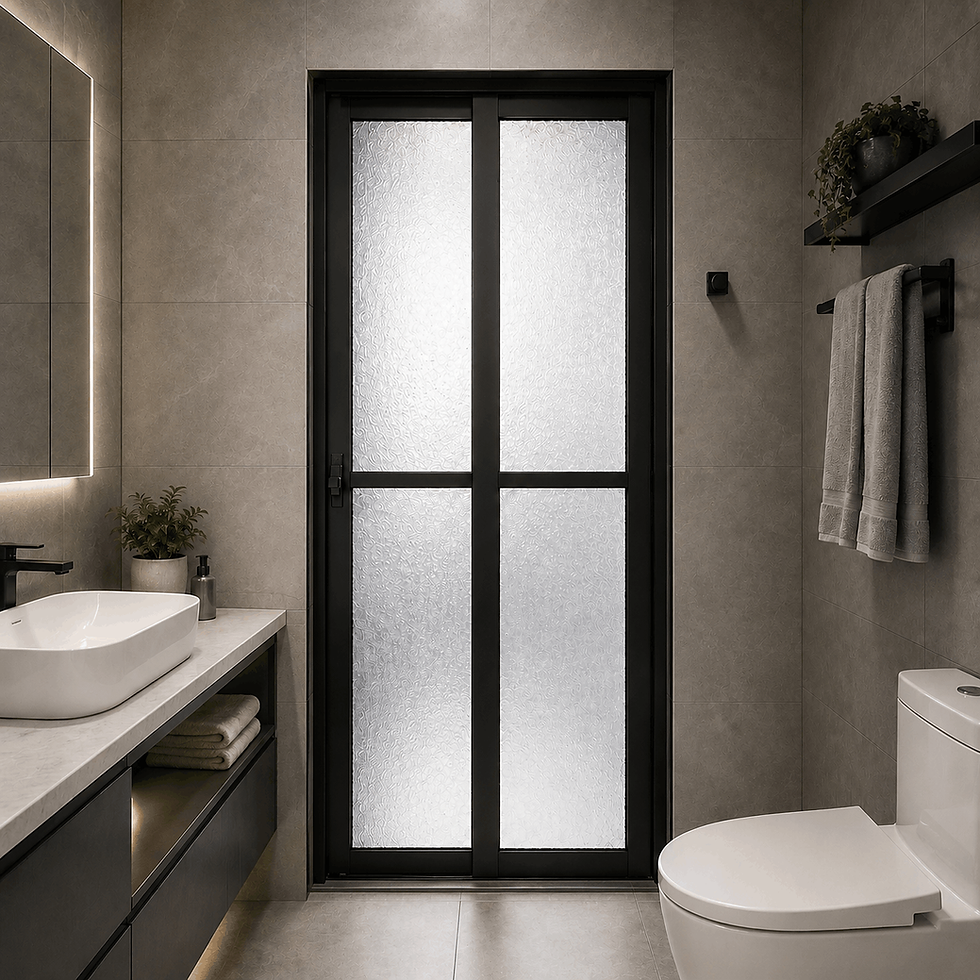 Black Supreme slide and swing toilet door with texture acrylic panels and black safety lock in modern Singapore bathroom