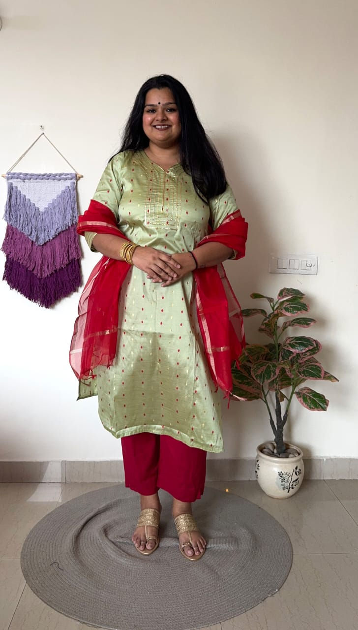 Thumbnail: Green Silk Kurti with Gotta Work in the Neckline - Kurti with  Dupatta Set