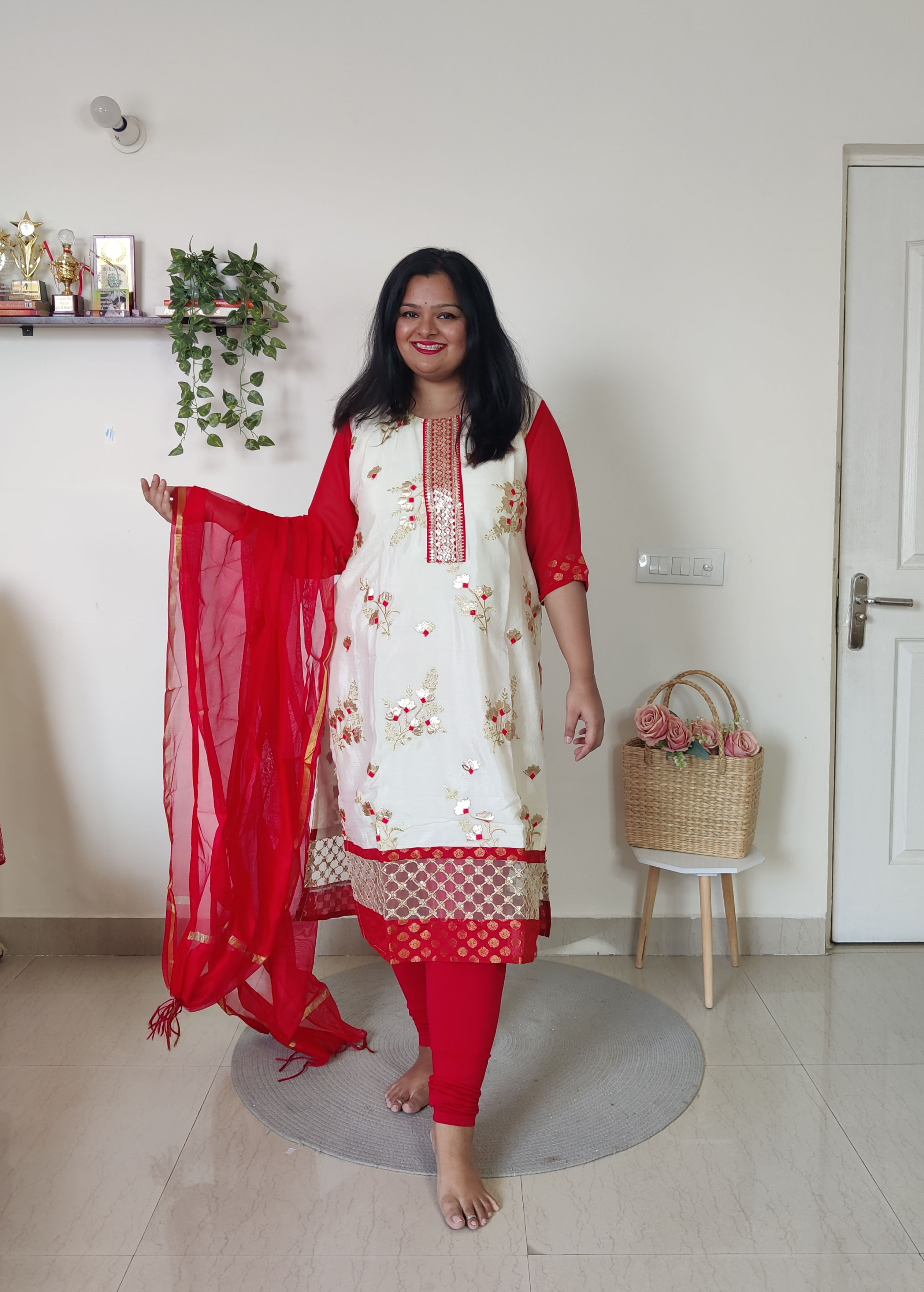 Silk kurti in Cream and Red Colour with Golden Gotta Work All Over