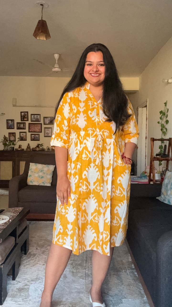Thumbnail: Printed Cotton Yellow Color Summer Dress