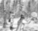 Drive-hunting on wolves in Naliboki Forest, 17th century. Across corrals with fenced sides well-hidden among trees and bushes, which gradually narrowed, wolves were driven into special pitfalls with wooden sharp peaks inside at thebottom. Drawing by Aliaksandr Mitianin.