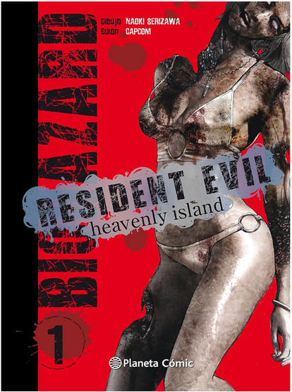 A zombie-like figure in a bikini stands against a vivid red background on the Resident Evil: Heavenly Island comic cover, featuring a dark, eerie tone and distressed textures.