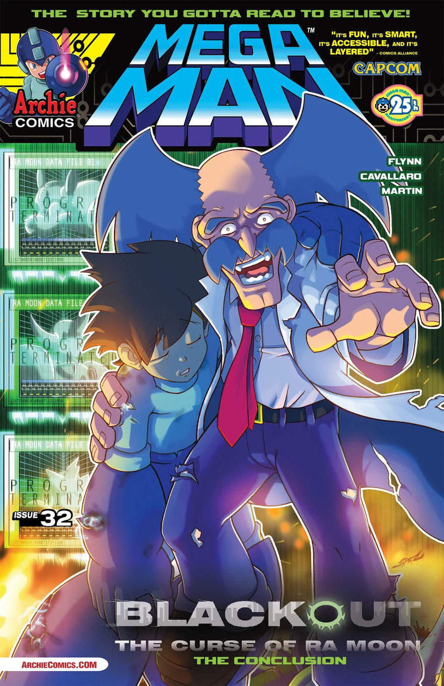 A menacing man with a torn suit holding an unconscious character, Mega Man. The setting is dark and intense, with digital screens in the background.