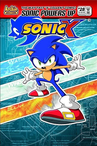 Sonic posing in front of three blue and orange stripes against a futuristic background.
