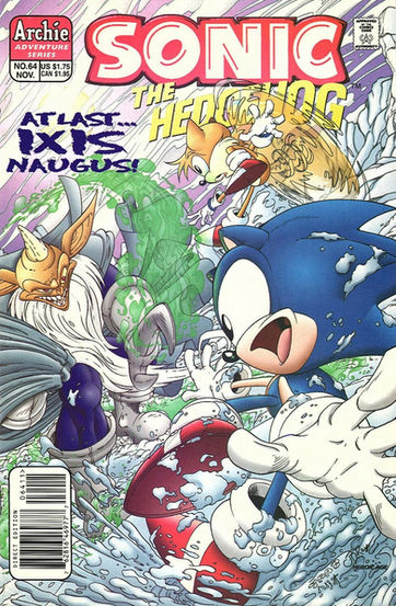 Sonic and Tails face off against a villainous sorcerer casting green energy.