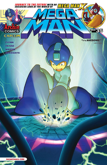 Mega Man, in a blue suit, strikes the ground with an energy blast, causing a glowing, cracked surface.