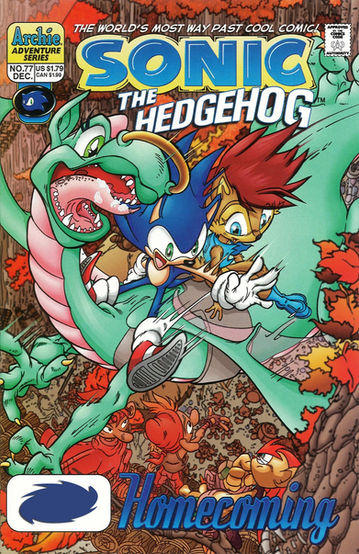 Sonic and a female character hitch a ride on the back of a green dragon, flying high above the other characters below.