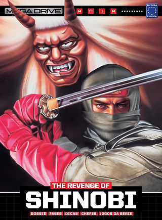 Masked ninja in dark robes and pink gloves raises a sword, while a horned red demon appears behind him.
