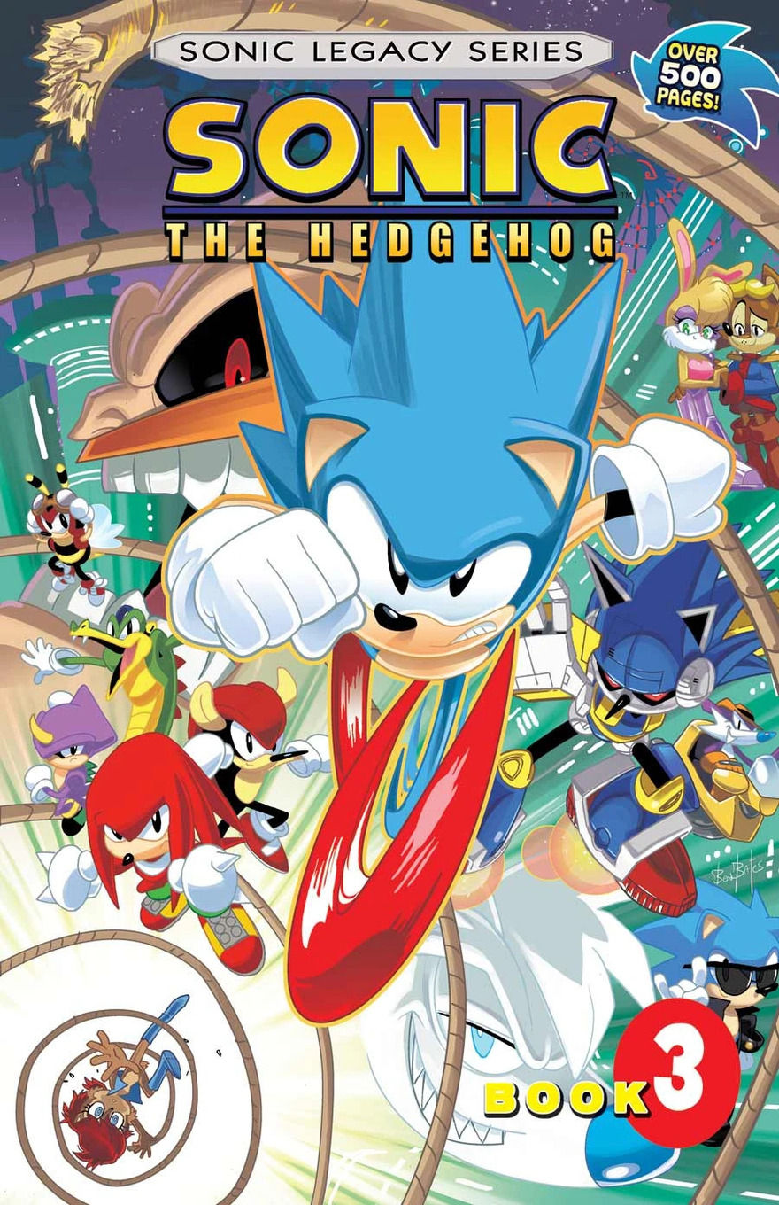 Sonic runs toward the viewer with a furious expression, surrounded by spiraling steel cables and various allies and enemies in a futuristic cityscape.