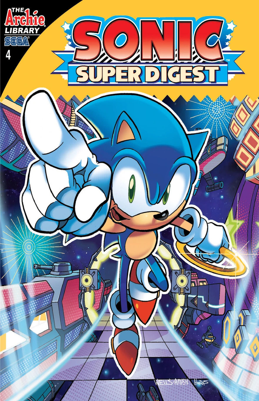 Sonic leaps energetically through a futuristic neon space setting, holding a ring in one hand and pointing the way with the other.