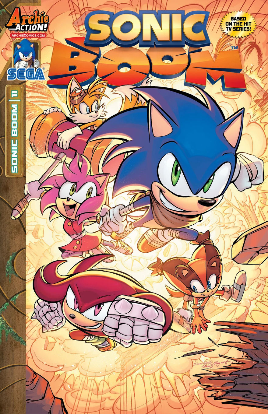 Sonic leaps forward with Amy, Tails, Knuckles, and Sticks amid a bombastic explosion.