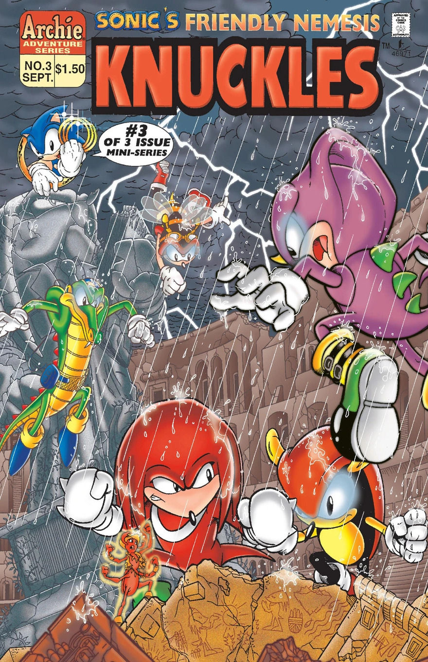 Knuckles and his allies are surprisingly in fighting stances against each other, amidst rain, lightning, and debris.