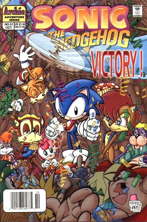Sonic celebrates victory with a gold medal, smiling and giving a thumbs-up while surrounded by friends and colorful confetti against a jungle backdrop. The mood is joyful.